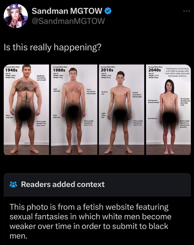 screenshot - Sandman Mgtow Is this really happening? 1940s 1980s 2010s 2040s h Bu Readers added context This photo is from a fetish website featuring sexual fantasies in which white men become weaker over time in order to submit to black men.